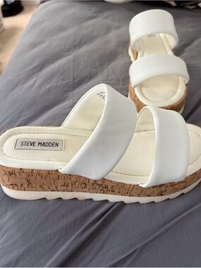 Steve Madden White Double-Strap Cork Platform Slides